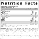 Nutrition facts of Nutrex Mass Infusion 12 lbs mass gainer supplement with calories, protein, and carbs per serving